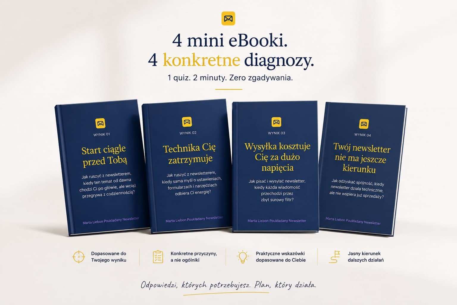 4 mini ebooki Poukładany Newsletter, każdy z innym tytułem wyniku quizu