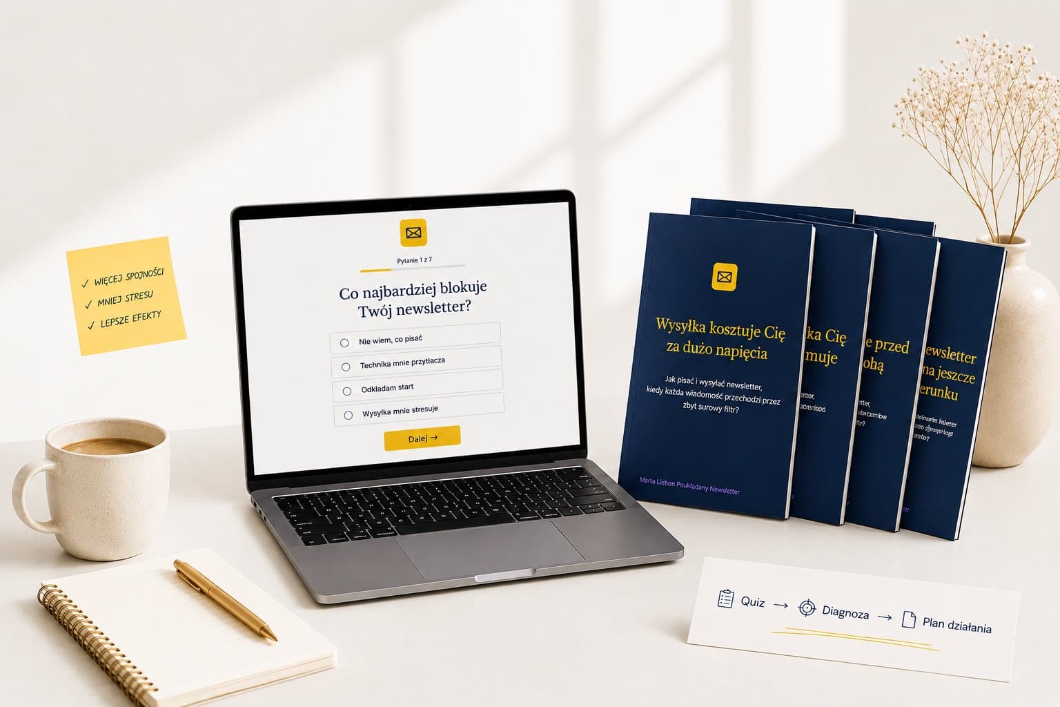 Quiz Poukładany Newsletter, ekran z laptopem, ebookami i karteczkami z notatkami