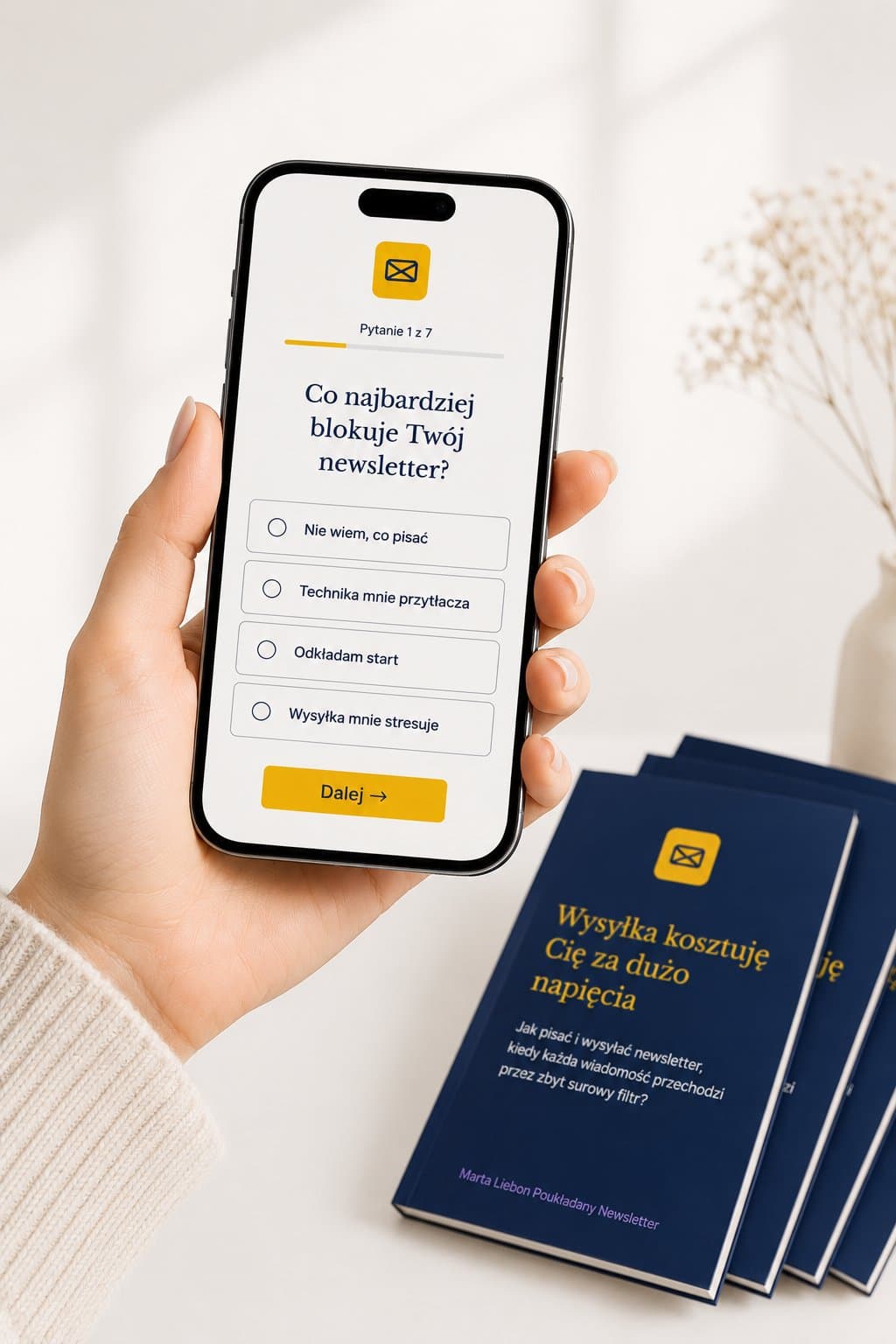 Quiz Poukładany Newsletter, telefon w ręku z pytaniem quizu i ebooki obok